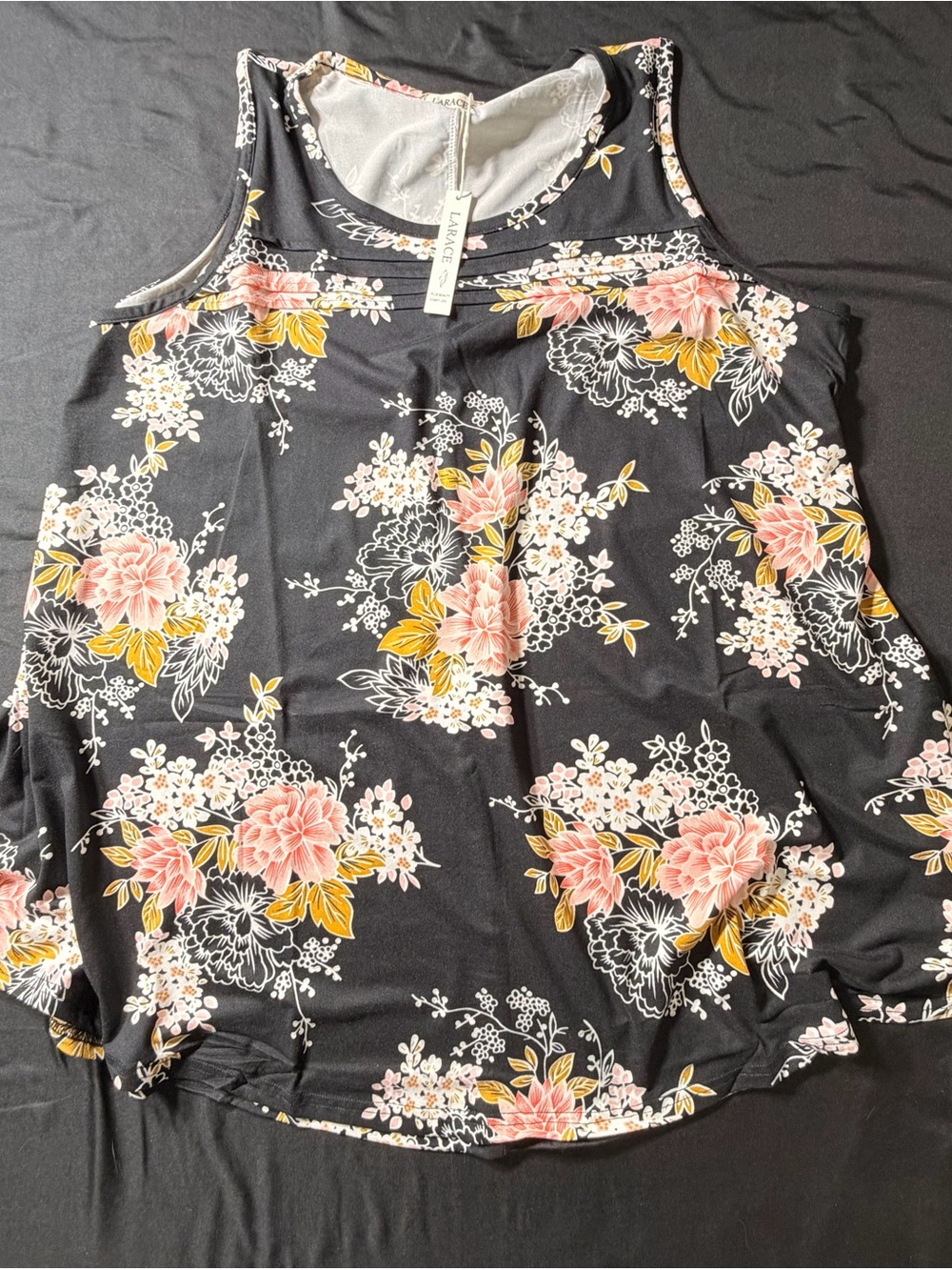 Larace Black Floral Tank Top with Pink & Yellow Blooms